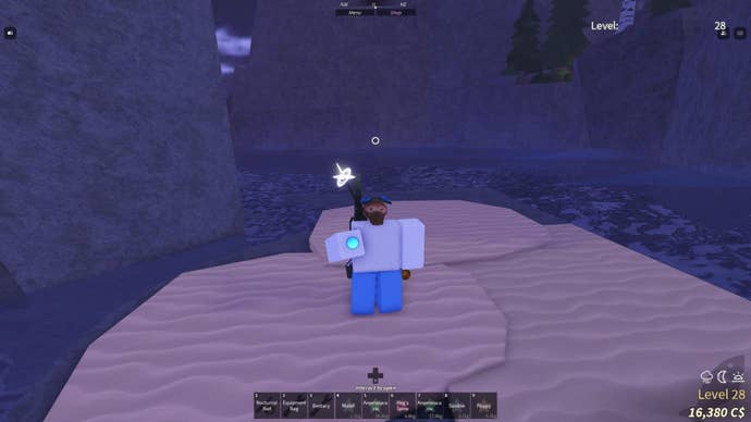 A fisherman holding an Aurora Pearl from a clam in Fisch.