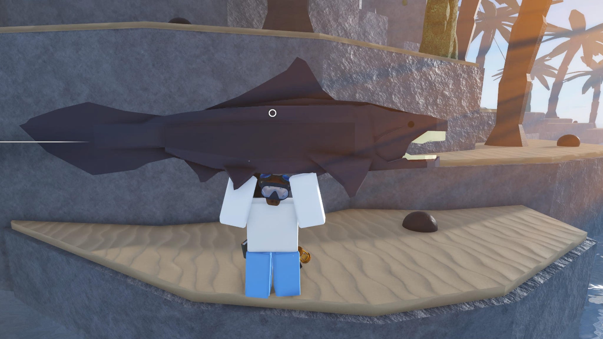 A fisherman holding an Dunkleosteus above their head in the Roblox game, Fisch. - 3