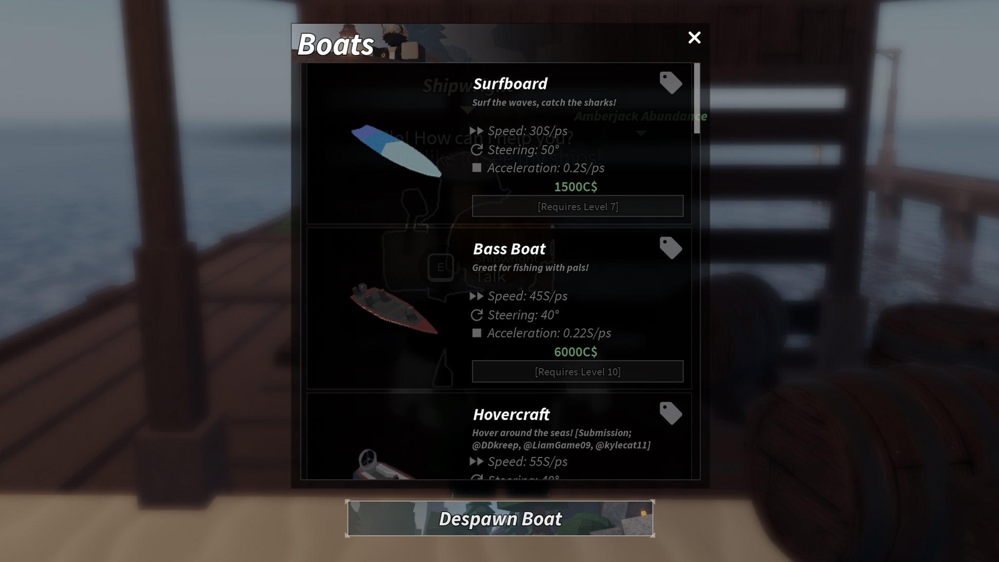 A user interface showing some of the ships players can buy in Fisch. - 5