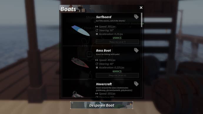 A user interface showing some of the ships players can buy in Fisch.