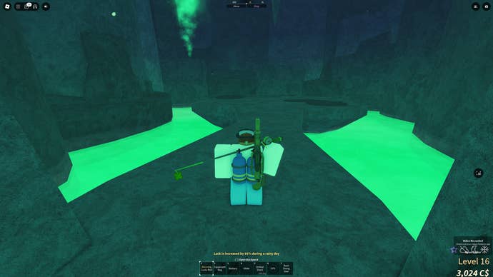 An angler standing on the edge of the Brine Pool in the Roblox game, Fisch.