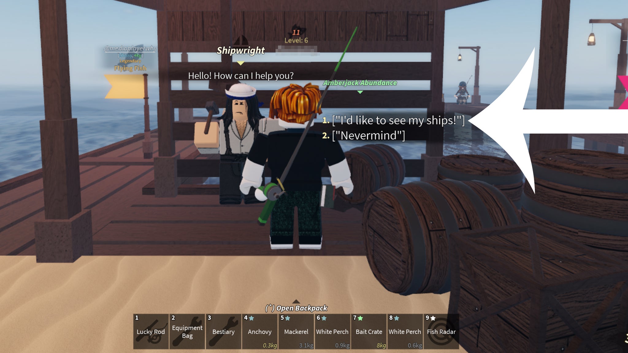 Arrow pointing at the dialogue option players have to choose to buy ships in the Roblox game Fisch. - 4