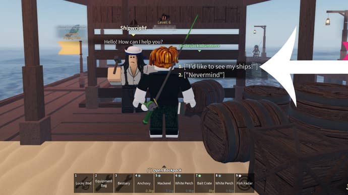 Arrow pointing at the dialogue option players have to choose to buy ships in the Roblox game Fisch.