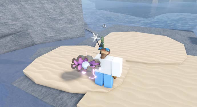 An angler standing with a giant clam in Fisch.