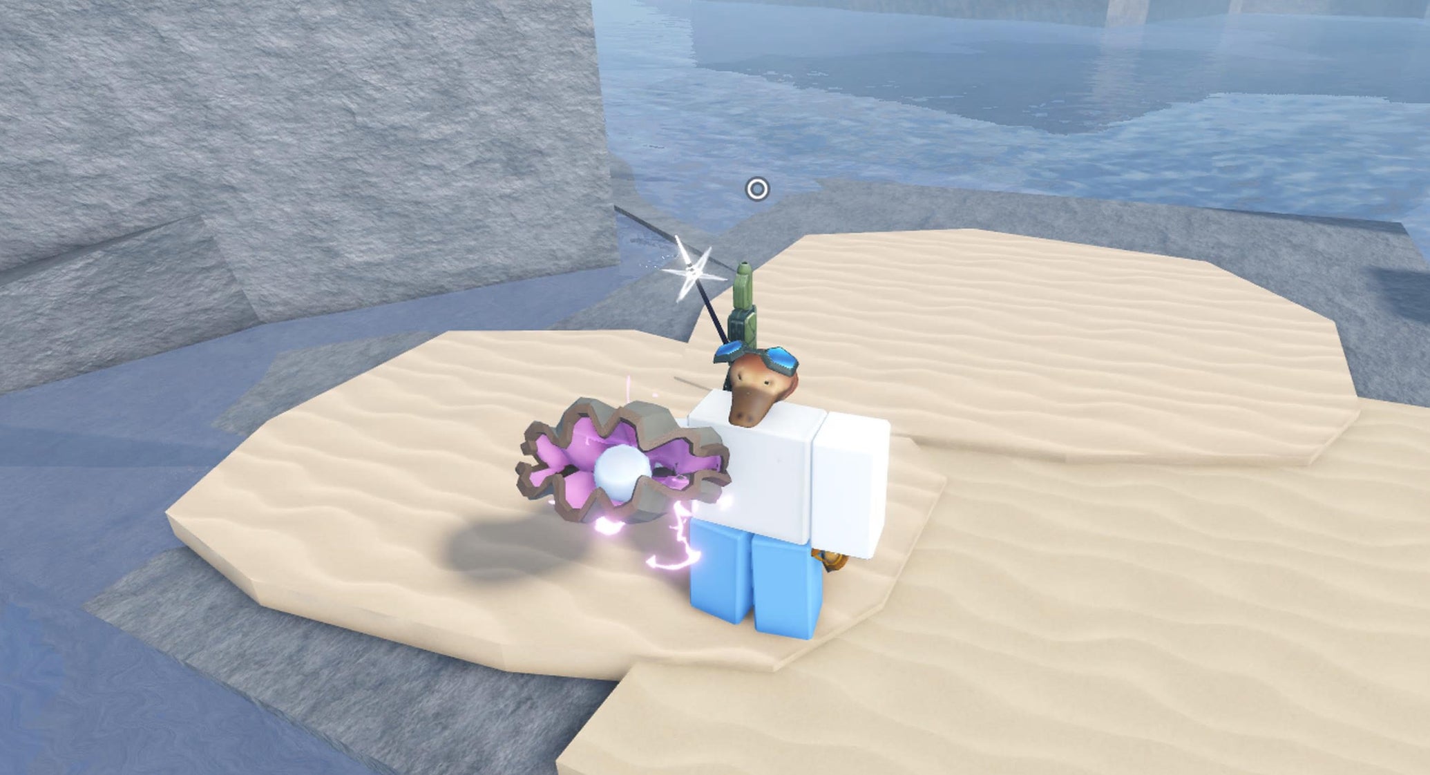 An angler standing with a giant clam in Fisch. - 1