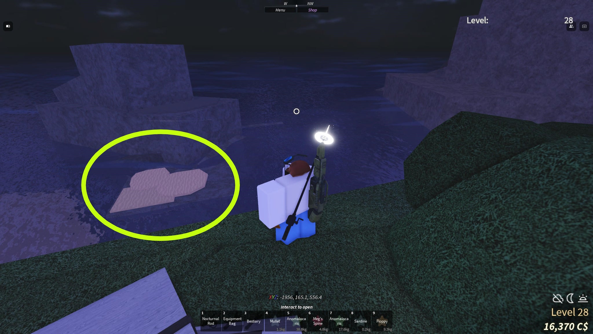 A fisherman standing next to the sand bank where clams are found in Fisch, with a yellow circle around the location. - 3