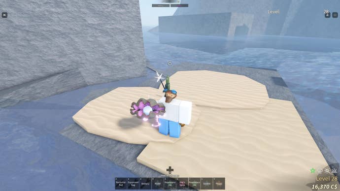 A fisherman holding out an electric clam in Fisch.