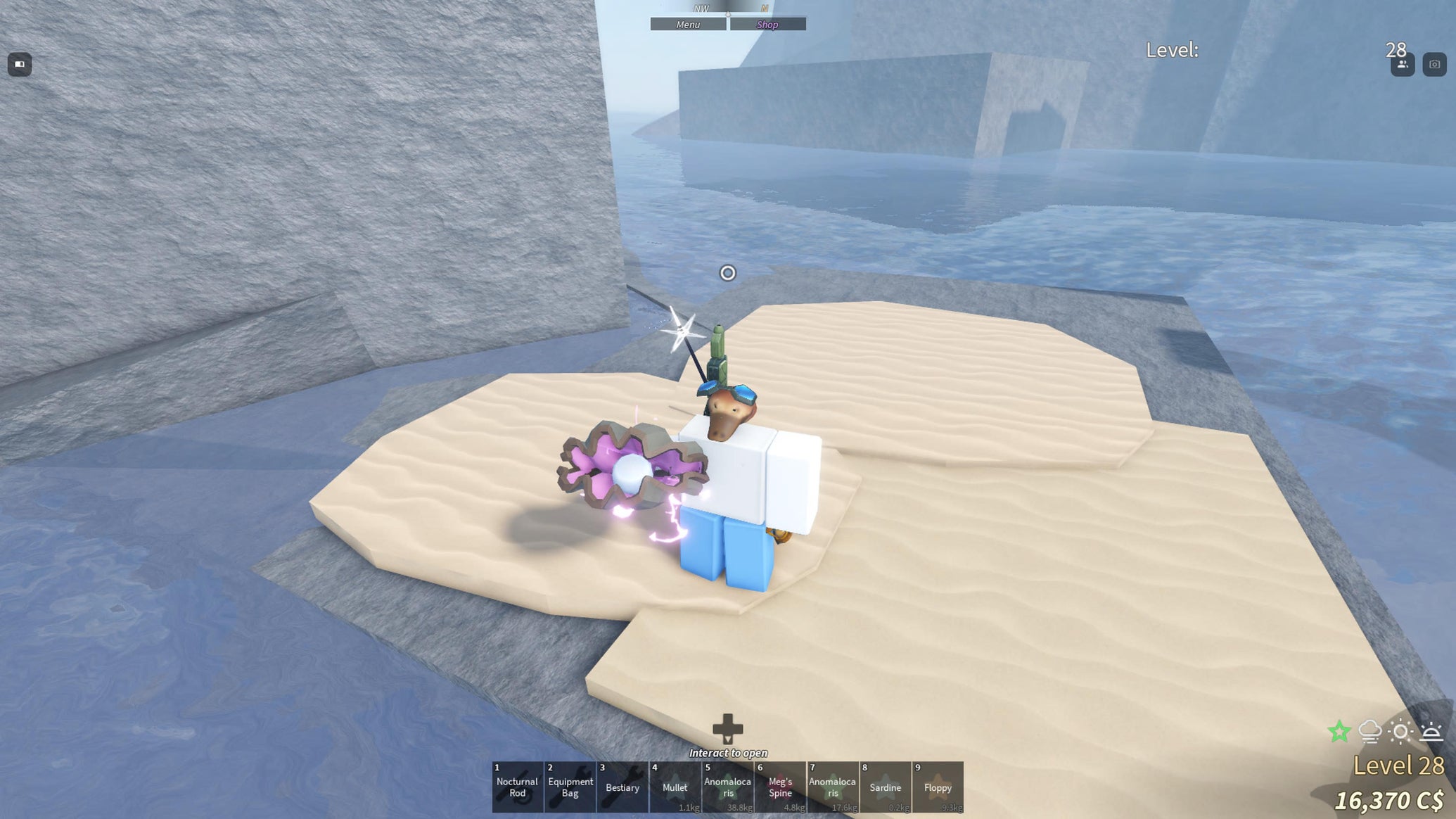 A fisherman holding out an electric clam in Fisch. - 1