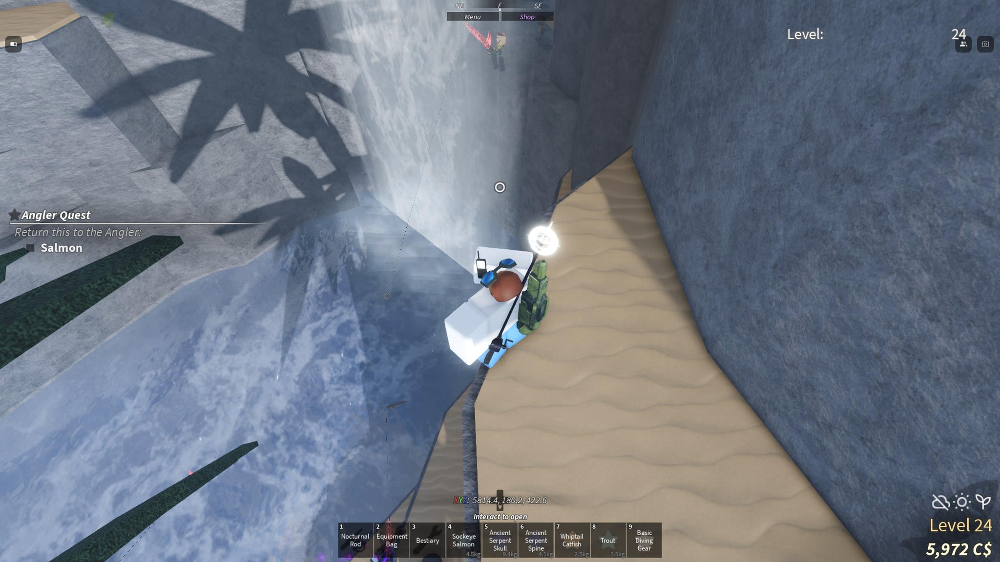 A fisherman standing over a cliff edge looking down on the Deep Sea Fragment in Fisch. - 3