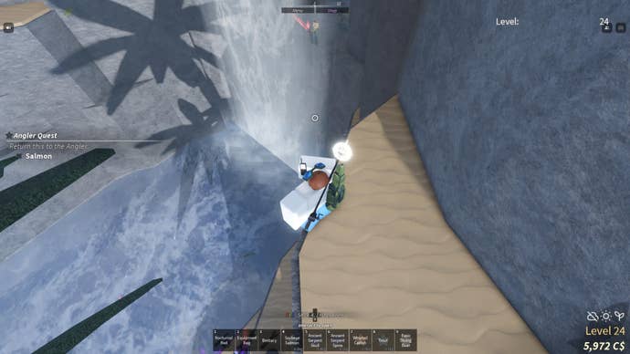 A fisherman standing over a cliff edge looking down on the Deep Sea Fragment in Fisch.