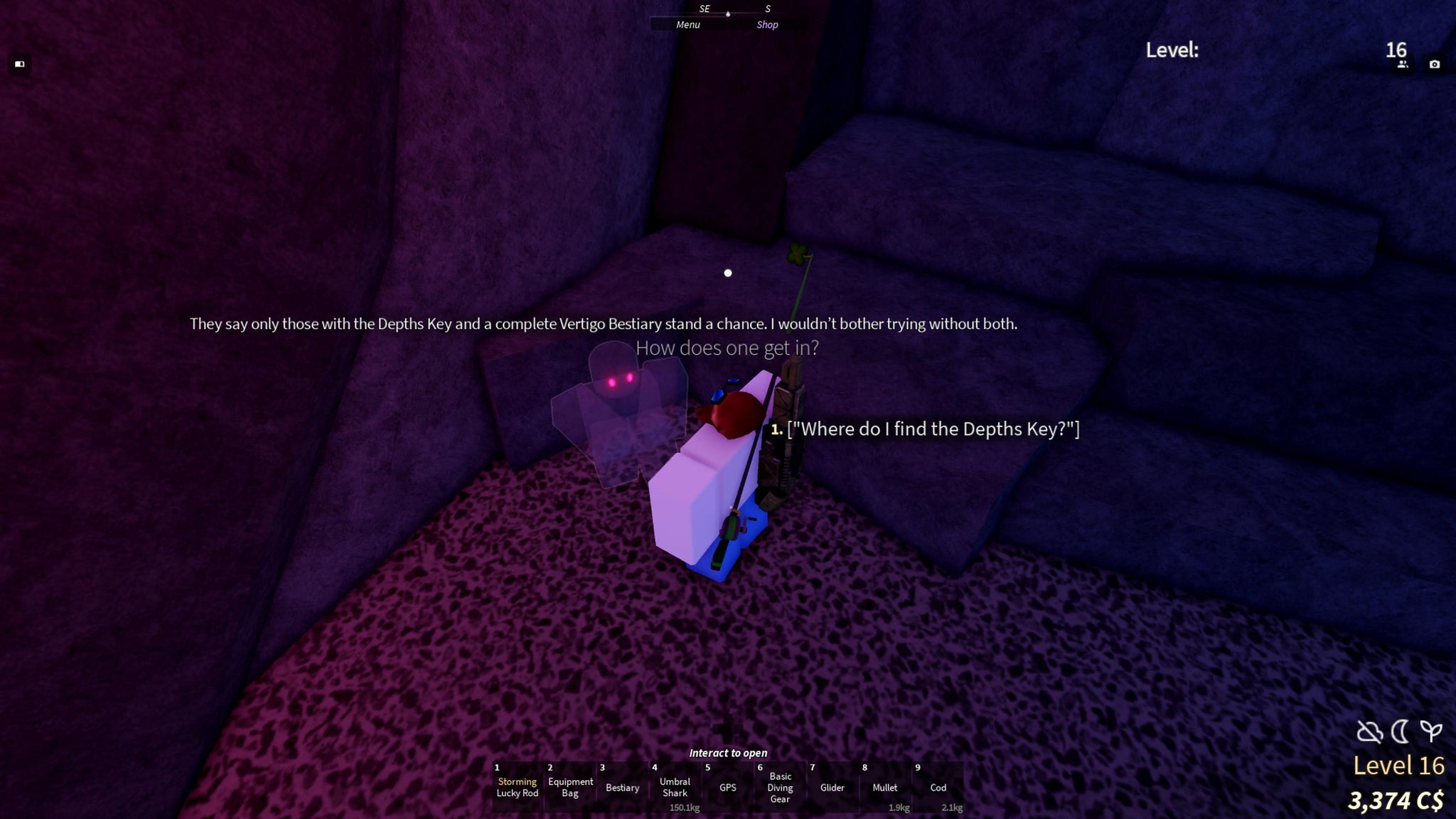 A character speaking to the Depths Guardian about the Depths Key in the Roblox game, Fisch. - 4