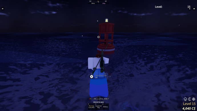 A character swimming up to the red buoy that marks the entrance to the Desolate Deep in the Roblox game, Fisch.