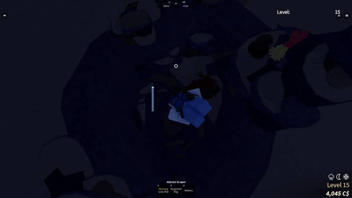 A character swimming through an underwater tunnel to reach the Desolate Deep in the Roblox game, Fisch.