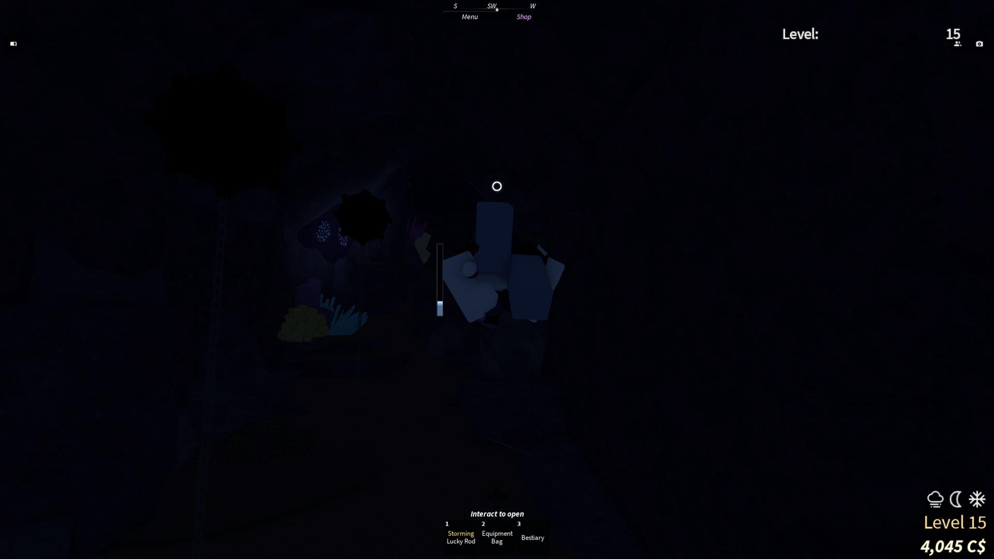 A character swimming past a submerged sea mine in the Desolate Deep in the Roblox game, Fisch. - 4