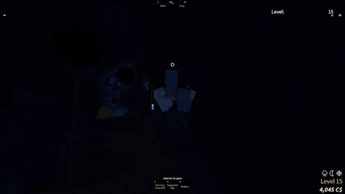 A character swimming past a submerged sea mine in the Desolate Deep in the Roblox game, Fisch.