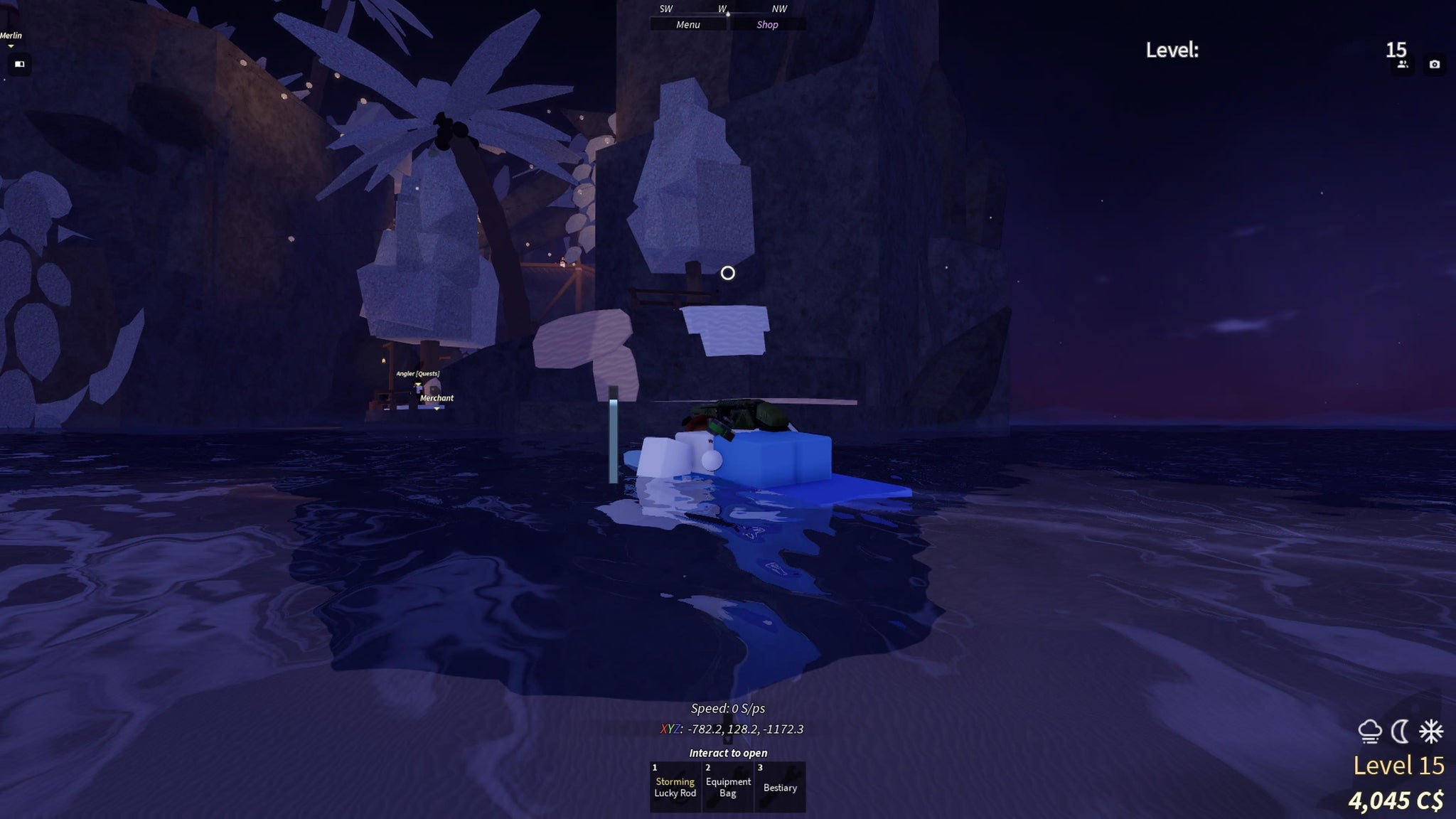 A character swimming on a surfboard in the Roblox game, Fisch. - 3