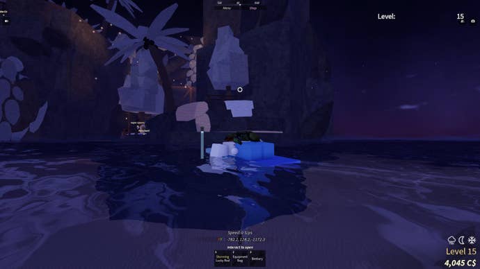 A character swimming on a surfboard in the Roblox game, Fisch.