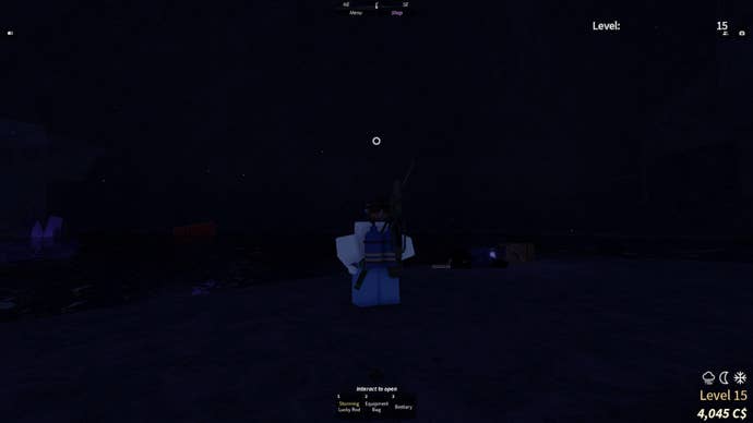 A character standing over the edge of an underground pool in the Desolate Deep in the Roblox game, Fisch.