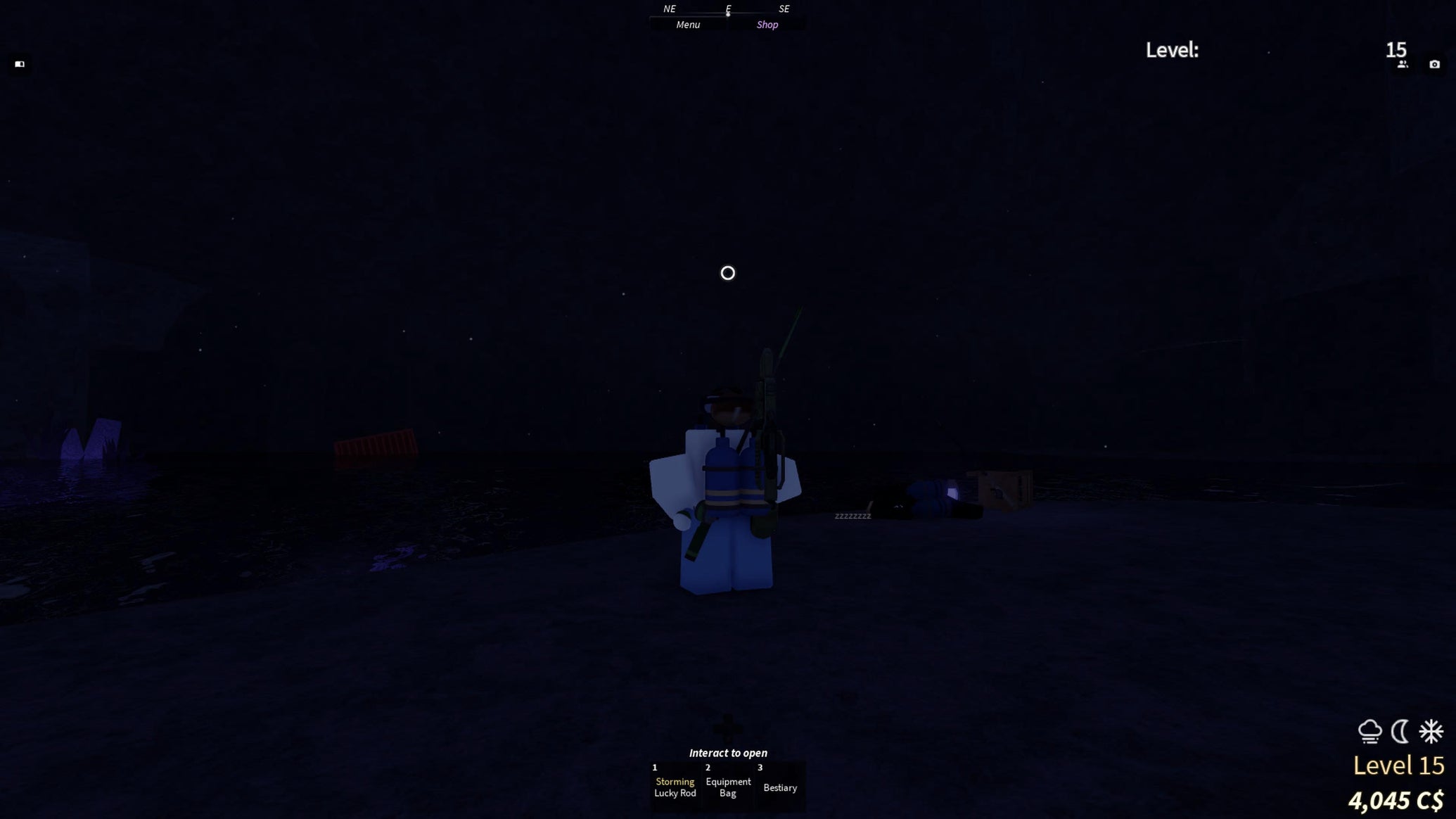 A character standing over the edge of an underground pool in the Desolate Deep in the Roblox game, Fisch. - 1