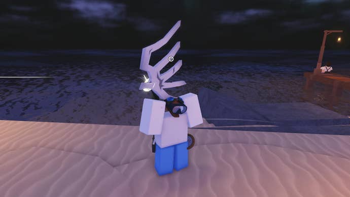 A fisherman holding up a giant ancient bone in the Roblox game, Fisch.