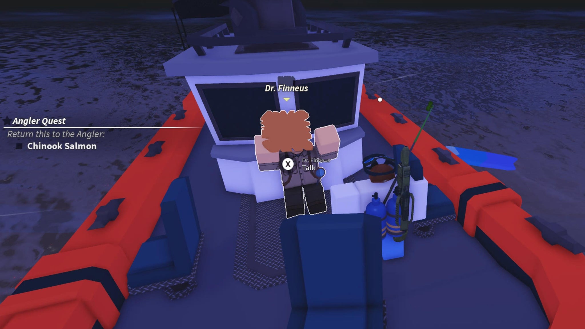 A fisherman standing next to the Archaeologist Dr Finneus in the Roblox game, Fisch. - 3