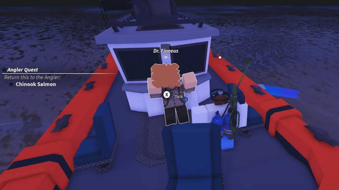 A fisherman standing next to the Archaeologist Dr Finneus in the Roblox game, Fisch.