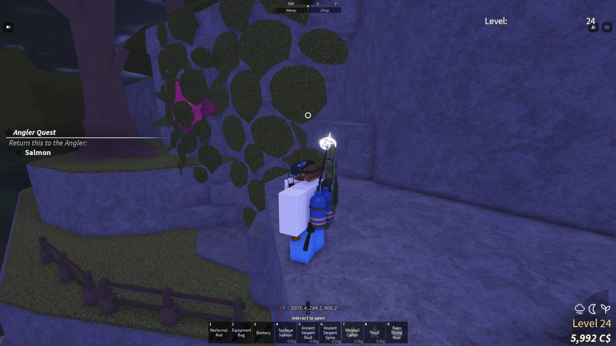 A fisherman standing next to the Earth Fragment Cave in Fisch. - 6