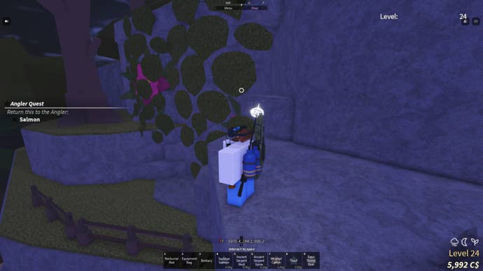 A fisherman standing next to the Earth Fragment Cave in Fisch.