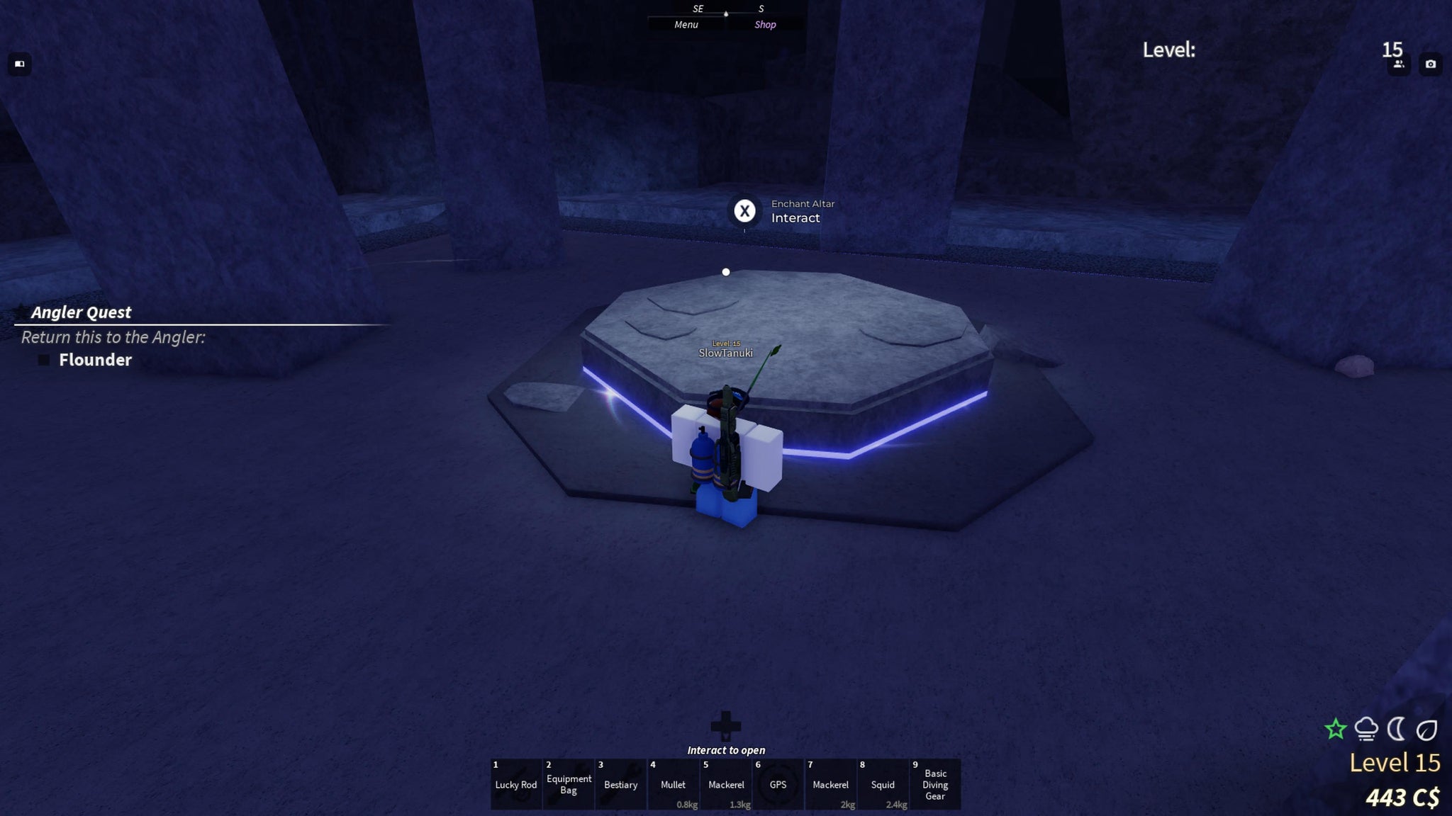 A character standing in front of the Keepers Altar in Roblox Fisch. - 3