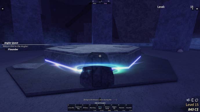 A glowing Enchant Relic next to the Keepers Altar in Roblox Fisch.