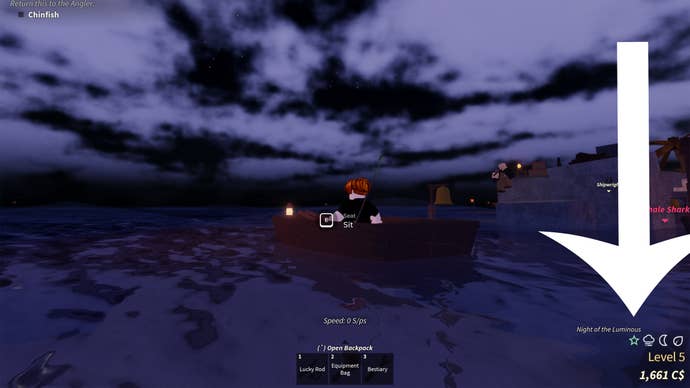 Arrow pointing at a user interface in Fisch, showing the game’s event is Night of the Luminous.