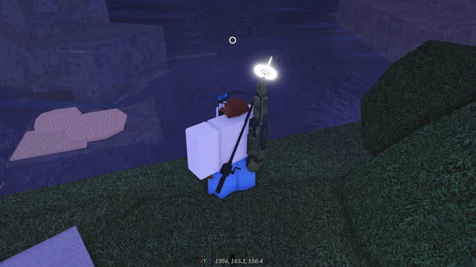 A fisherman standing on a clifftop holding a GPS locator in Fisch.