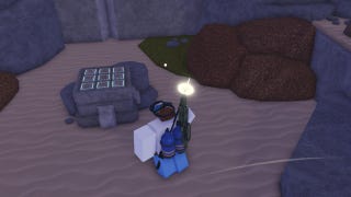 A fisherman standing next to the puzzle shown on the Handwritten Note in the Roblox game, Fisch.