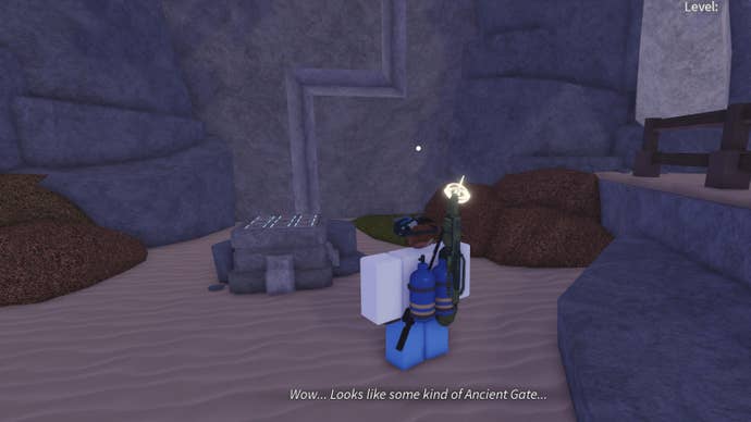 A fisherman standing in front of an ancient gate at the Archaeology Site in the Roblox game, Fisch.