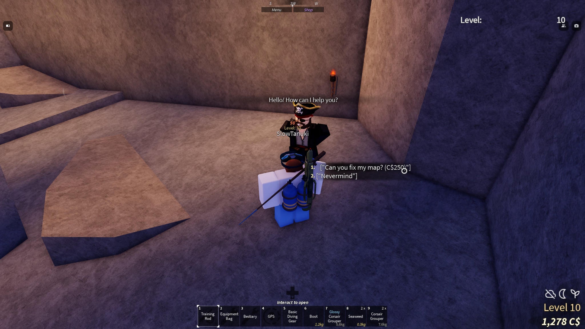 A player speaking to Jack Marrow, the treasure map fixing NPC in Forsaken Shores, in Roblox Fisch. - 3