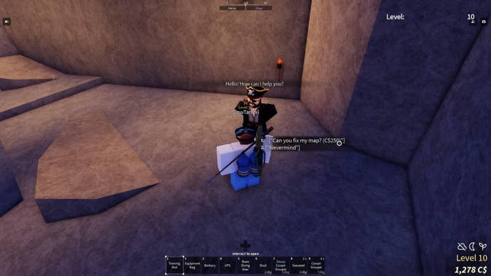 A player speaking to Jack Marrow, the treasure map fixing NPC in Forsaken Shores, in Roblox Fisch.