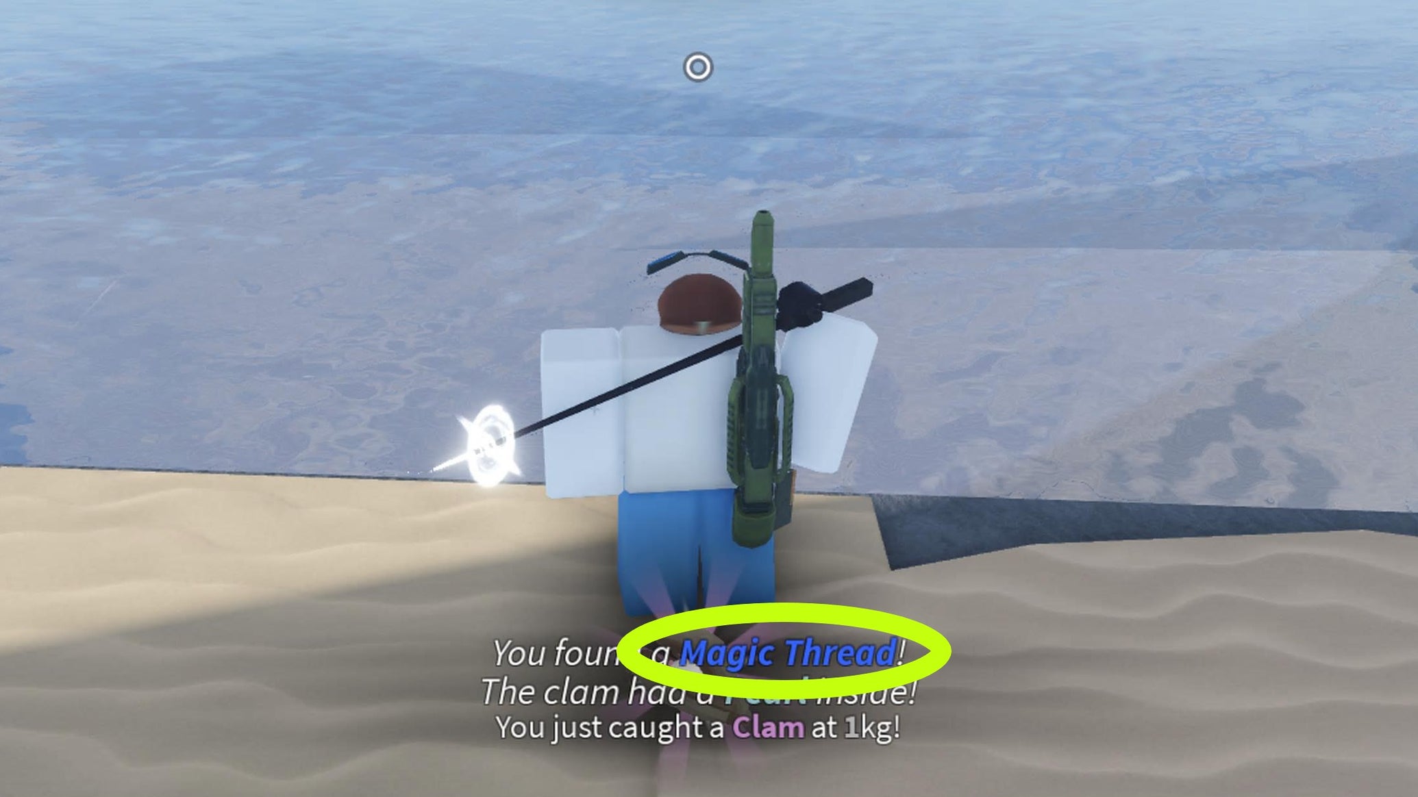 An angler catching some Magic Thread in Fisch, with a yellow circle around the words Magic Thread. - 1