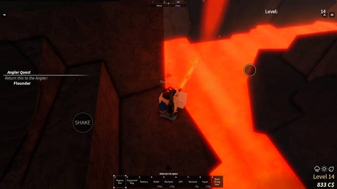 A character fishing in the Rosalit volcano using an igneous fishing rod in Roblox Fisch.