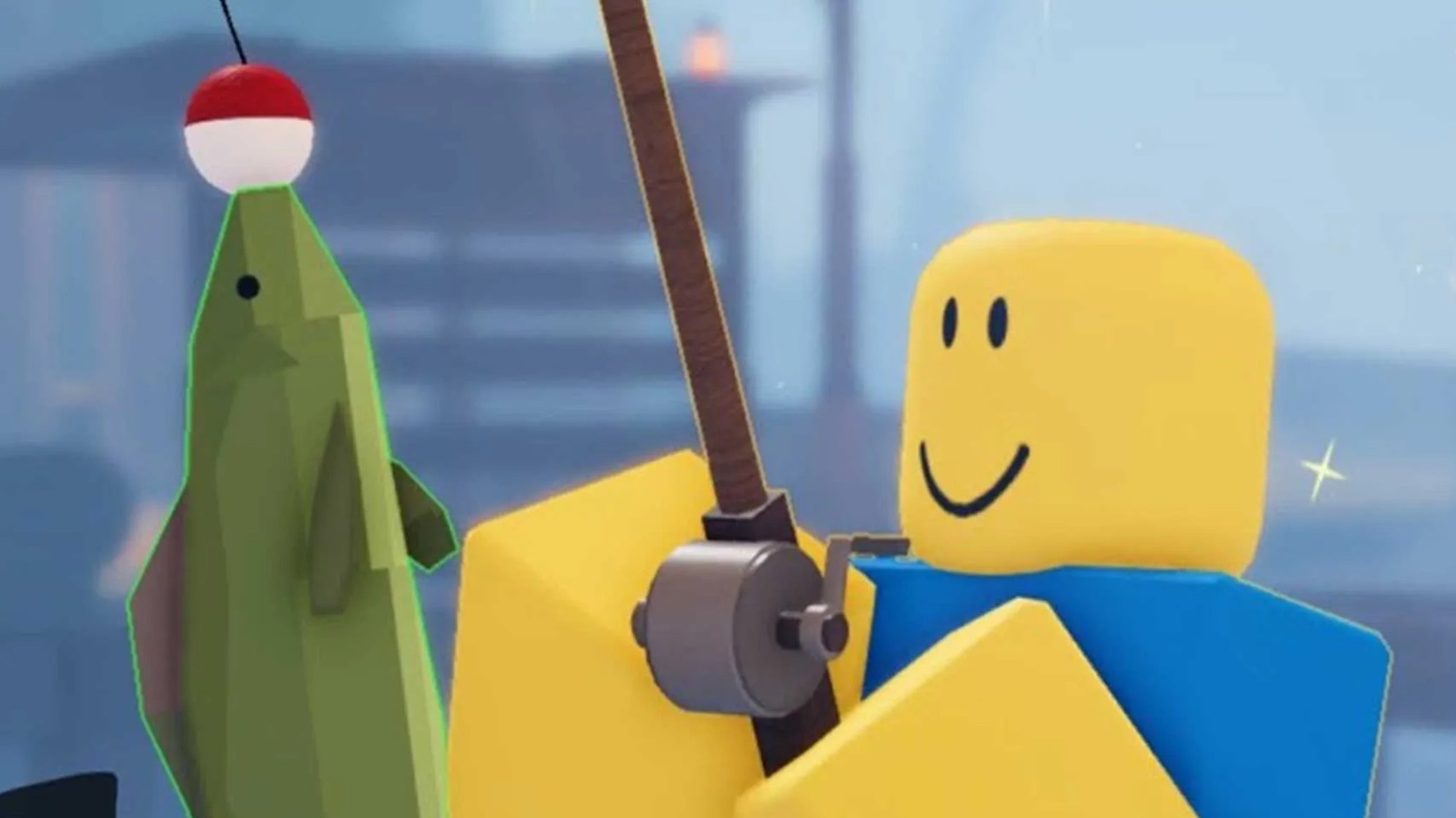 The cover image for Roblox Fisch, featuring a standard Roblox character catching a blocky green fish - 1