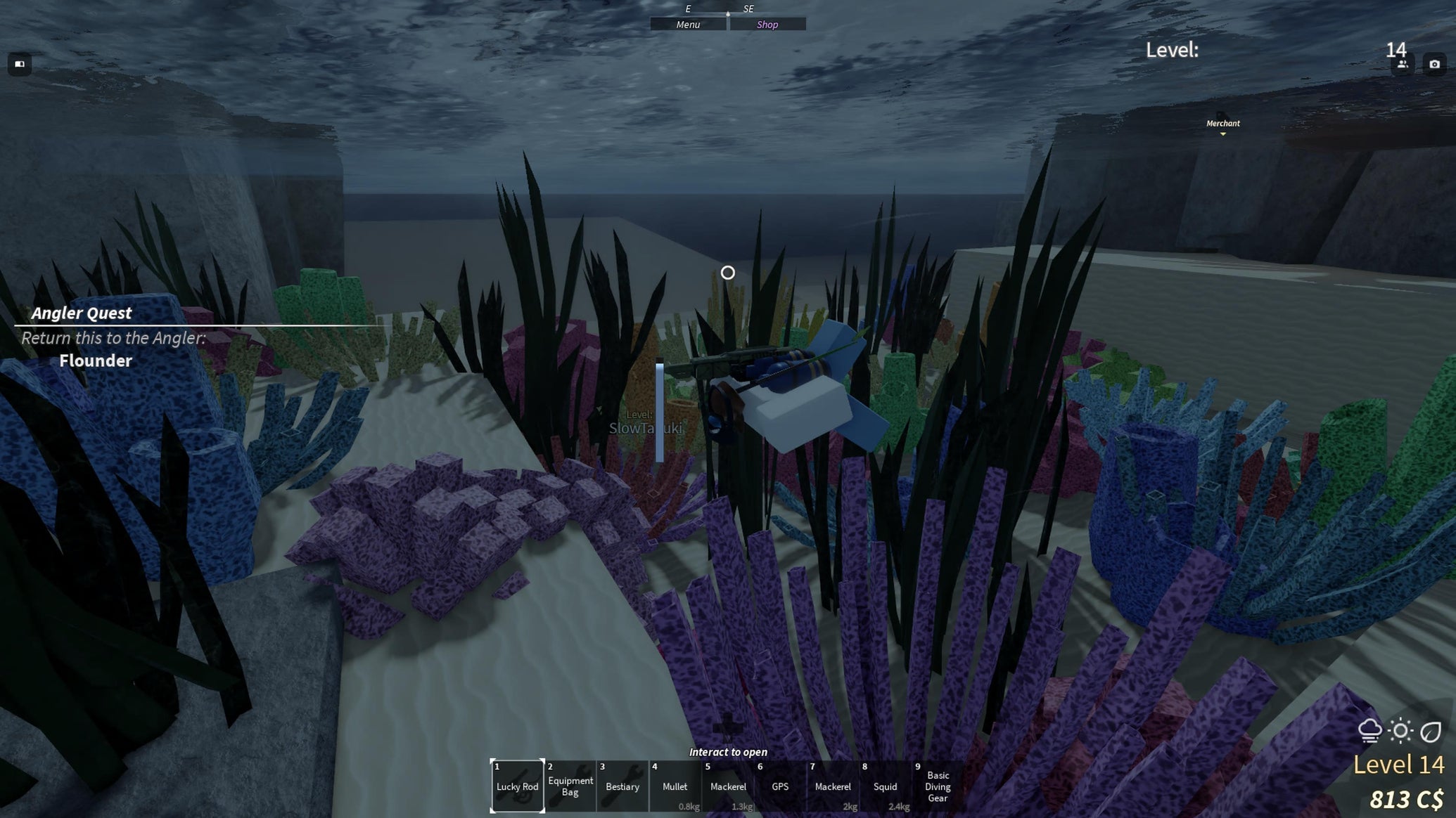 A character swimming on the Rosalit Coral Reef, where pufferfish live in Roblox Fisch. - 1