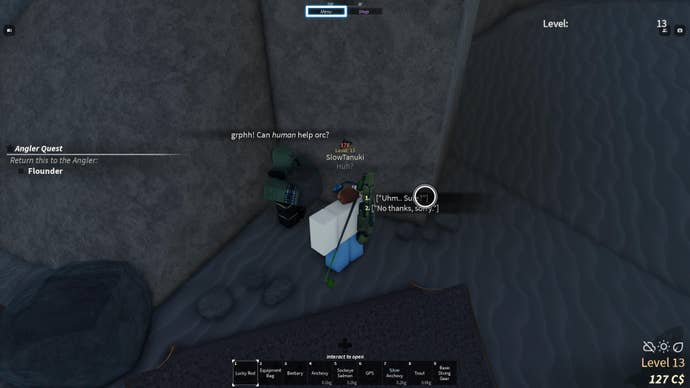 A character talking to the Orc in Rosalit Volcano in Roblox Fisch.