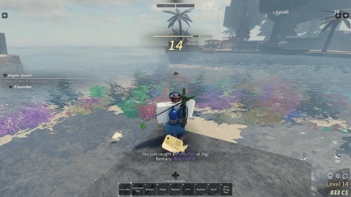 A character landing a pufferfish next to Rosalit's coral reef in Roblox Fisch.
