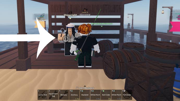 Arrow pointing at the Shipwright NPC in the Roblox game Fisch.