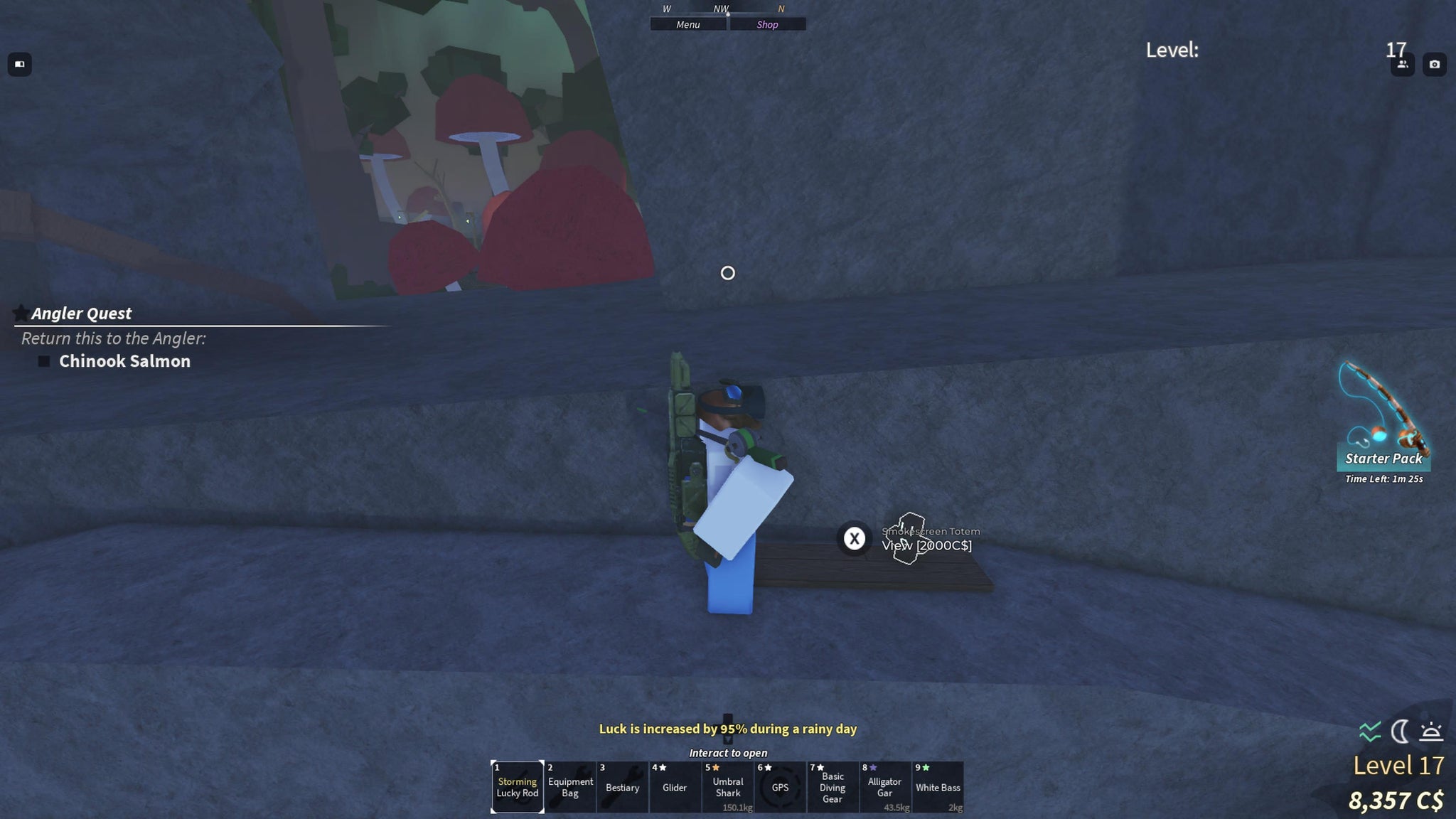 A Fisch character standing by the Smokescreen Totem at Mushgrove Swamp. - 11