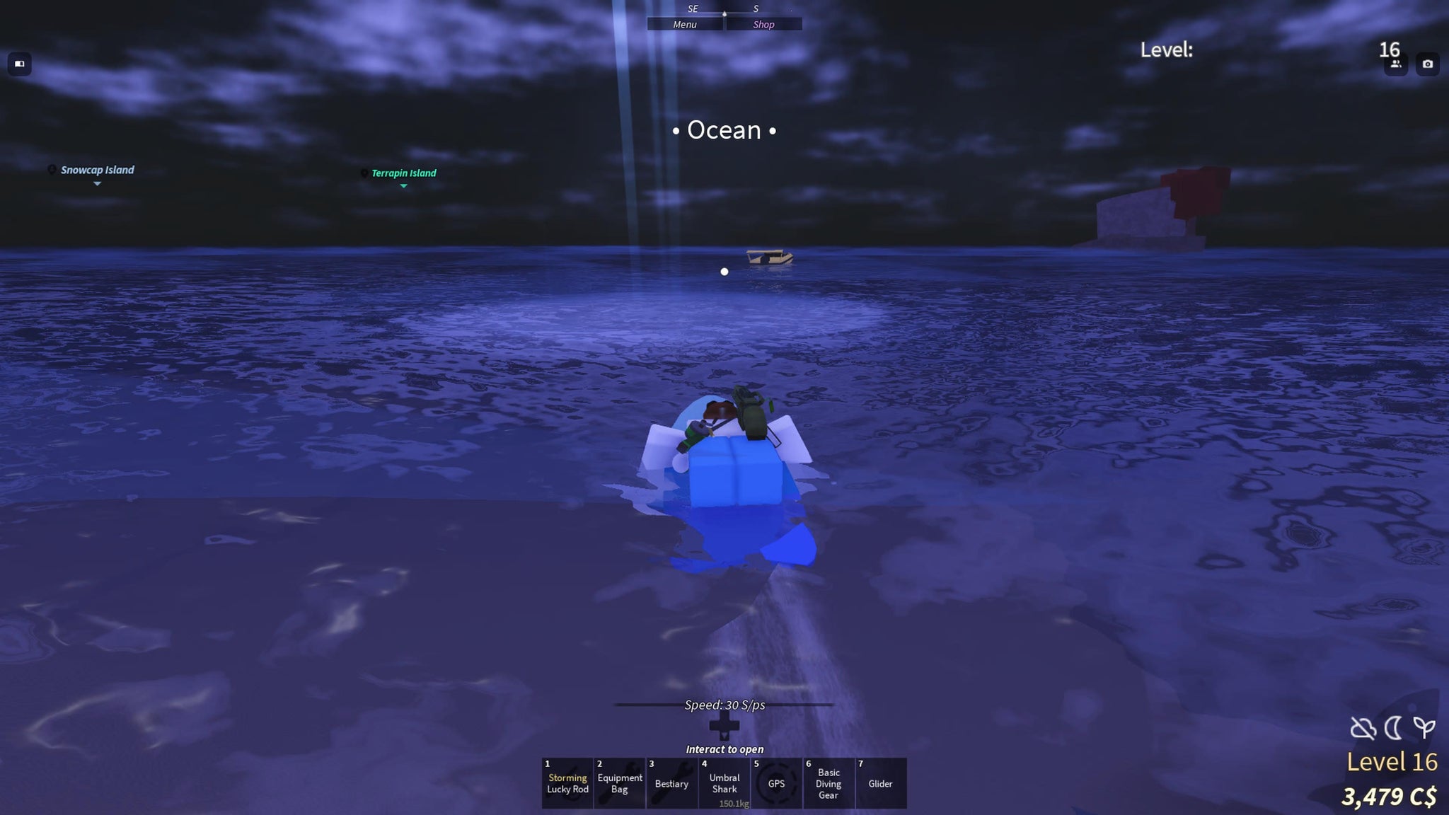 A fisherman swimming towards a Strange Whirlpool in the Roblox game, Fisch. - 3