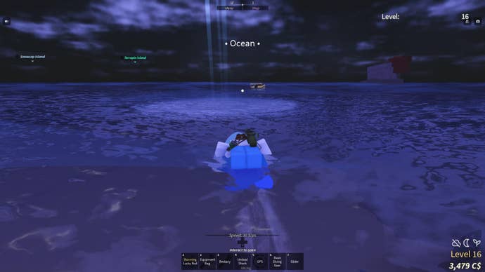 A fisherman swimming towards a Strange Whirlpool in the Roblox game, Fisch.