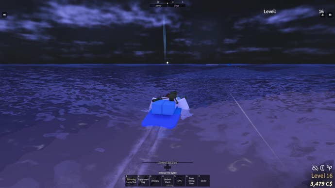 A character swimming on a surfboard towards a Strange Whirlpool in the distance in the Roblox game, Fisch.