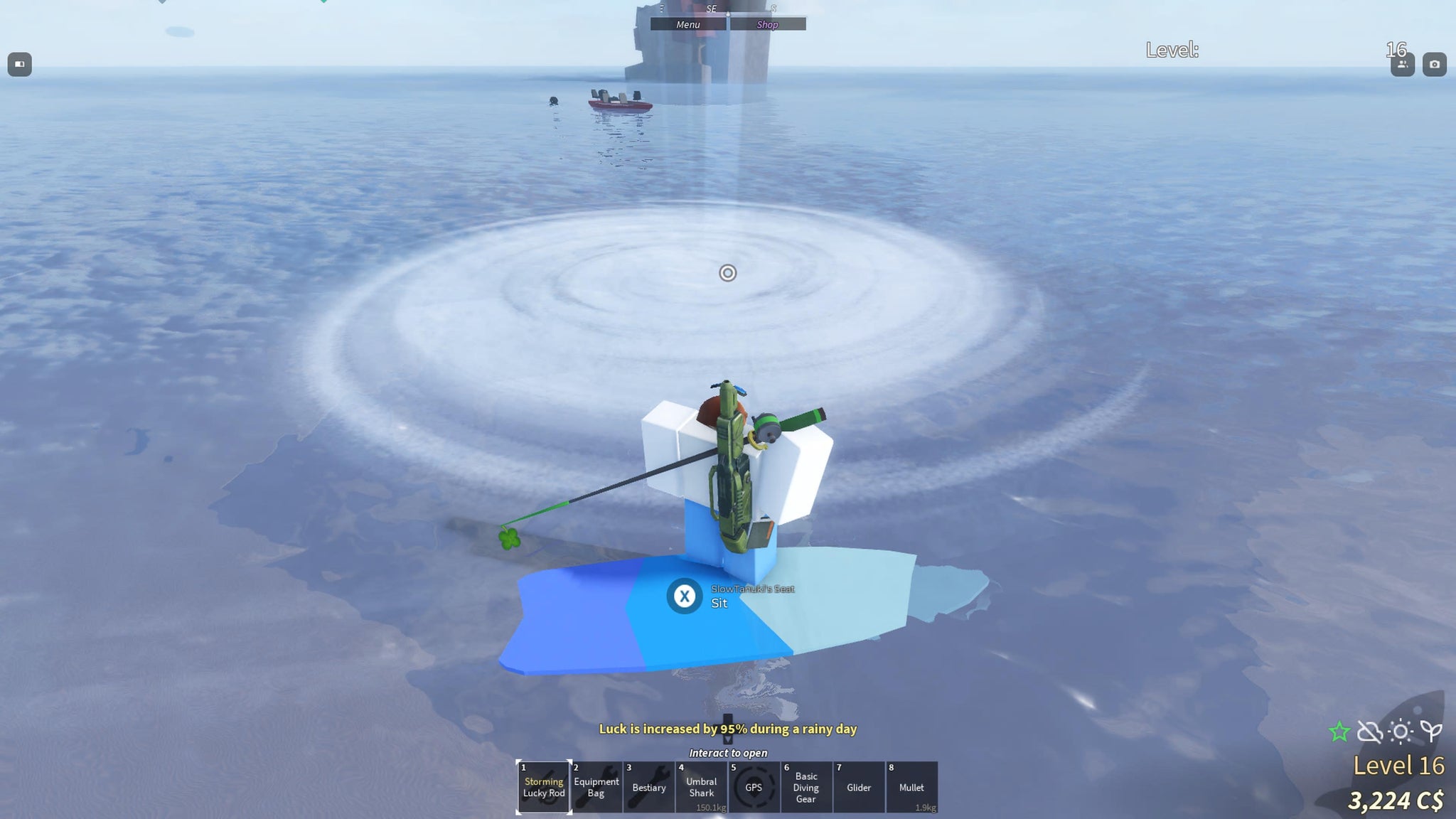 A fisherman standing on a surfboard next to a Strange Whirlpool in the Roblox game, Fisch. - 5