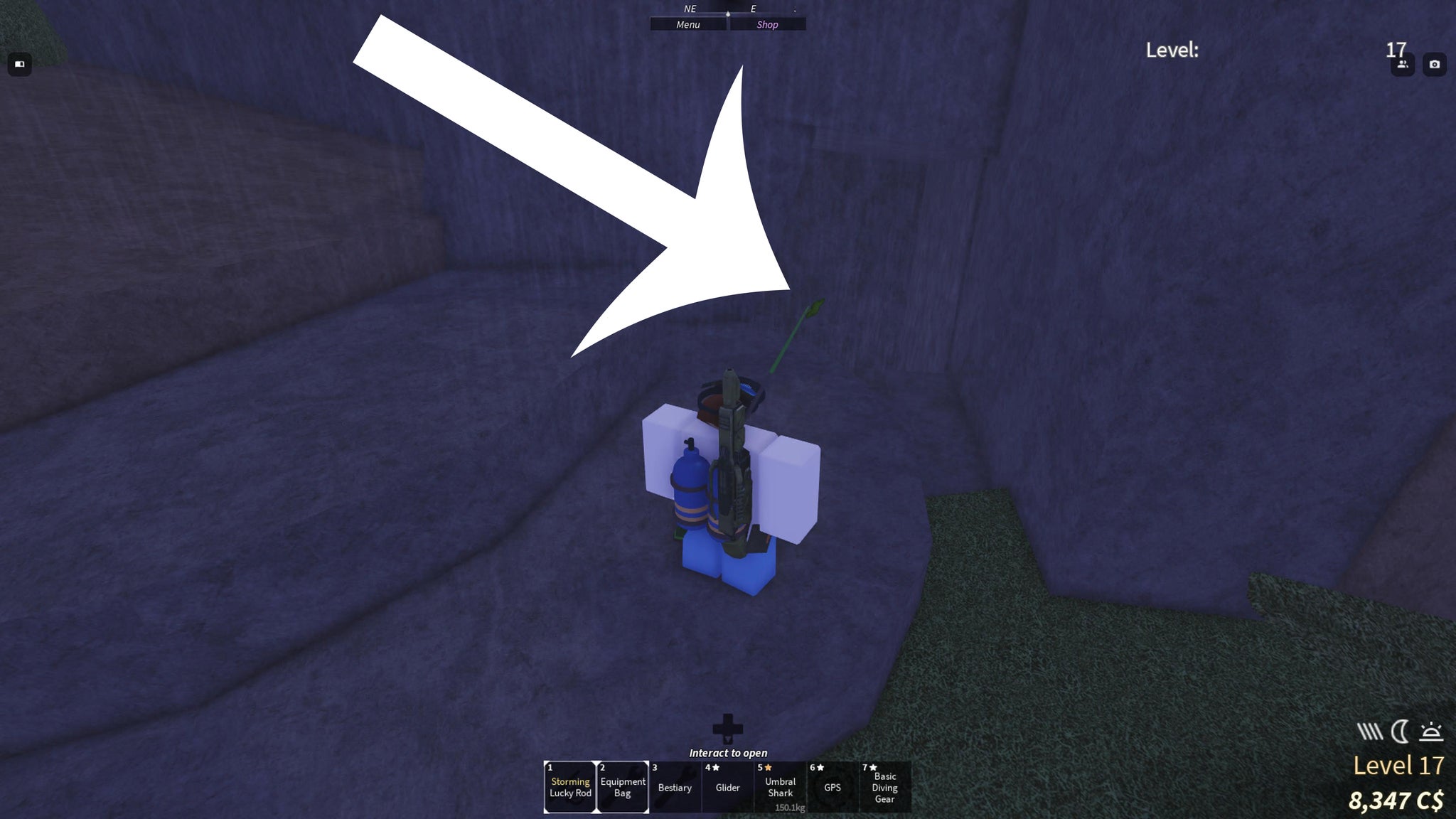 Arrow pointing at the secret path leading to the merchant selling the Sundial Totem in Fisch. - 7