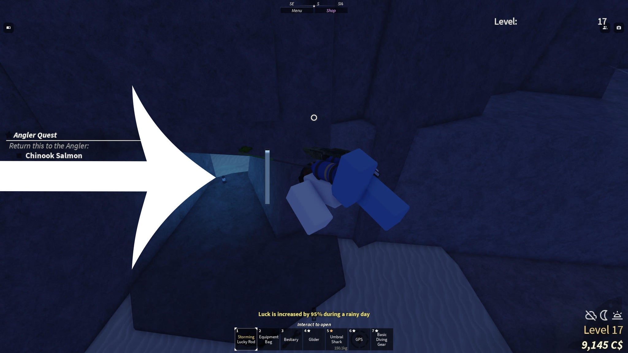 A Roblox character swimming towards an underwater tunnel in Fisch. - 9
